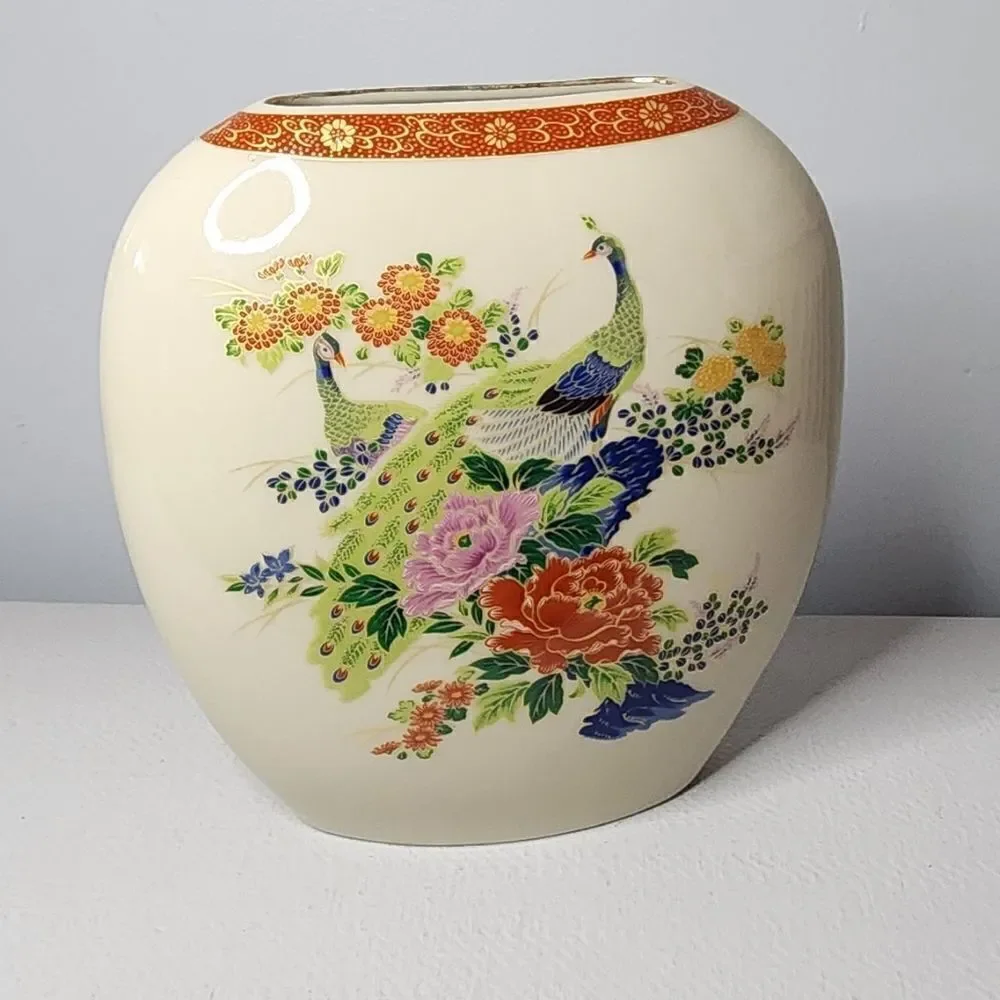 Japanese Cream Peacock & Floral Flat Oval Vase Made in Japan Satsuma